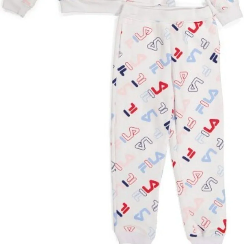 067.FILA Girls 2pc Allover Print Fleece Jogger Set Size 5/6 white hoodie joggers - Picture 2 of 2